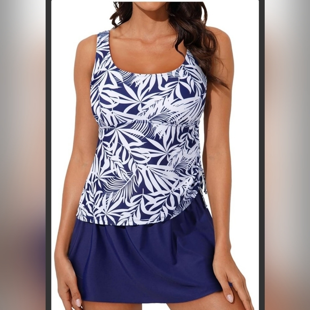 Women's Blue Leaf Print Tankini With Skirt Swimwear